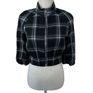 Vintage Rainbow Plaid Crop Top‎ Womens M Black White Full Zip Academia Y2K 90s
